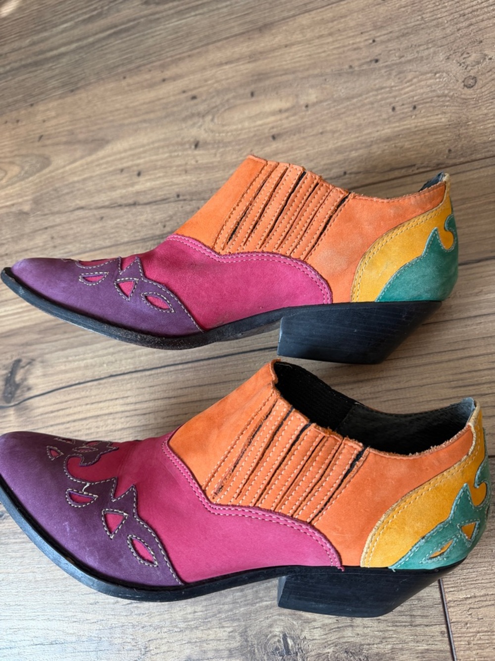 VINTAGE Circle S Suede Western Boots 8 Multi-Color Corral Made in Brazil Boho